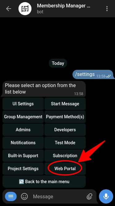 Accessing Web Portal settings in TGmembership bot