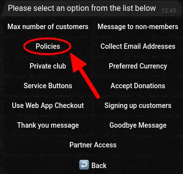 Selecting Policies menu in the settings