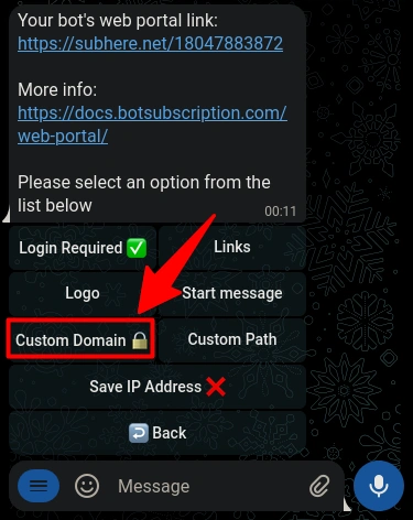 Custom Domain option with a locked add-on in TGmembership Web Portal settings.
